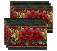 Christmas Poinsettia Placemats, Red and Gold Floral Table Mats for Holiday Dining, Winter Festive Non-Slip Washable Indoor Outdoor Kitchen Party Decorative Placemat Set of 6