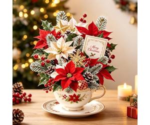 Christmas Poinsettia Pop Up Card - Handmade 3D Floral Bouquet Greeting Card, Festive Holiday Vase Home Decor, Merry Christmas Gift for Mom Grandma Wife Sister Friends