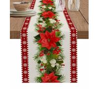 Christmas Poinsettia Table Runner Dresser Scarves, Red Flower Pine Needles Kitchen Art Dining Farmhouse Table Runners, Washable Non-Slip Rectangle Table Setting Party Holiday Decor - 13x90 inch Long