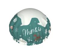 Christmas Polar Bear Shower Cap Double Layers Waterproof Bath Shower Hat Reusable Elastic Hair Cap for Women Ladies Men