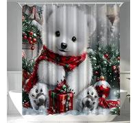Christmas Polar Bear Shower Curtain Winter Holiday Design with Red Scarf White and Green Decorative Bathroom Decor Multiple Sizes (200×180cm)