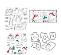 Christmas Polar Bear Stamps and Die Cuts for Card Making Scarf Santa Tree Transparent Silicone Clear Stamp and Metal Cutting Dies Sets for DIY Scrapbooking Paper Crafting Seals Decorative Supplies