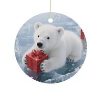 Christmas Polarbear Double-Sided Ceramic Christmas Ornaments - Round Hanging Mini Xmas Tree Decorations, Ideas for Farmers, Rustic Home Decor for Indoor Outdoor Tree Decor