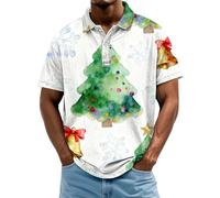 Christmas Polo Shirts for Men Xmas Tree Santa Snowflake Print Golf Shirts 1/4 Button Lapel Short Sleeve Holiday Party Tees, White, XXL