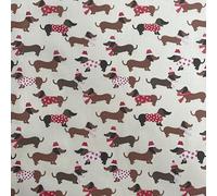 Christmas Polycotton Fabric Forty Four Patterns Sold Per Metre 112cm Wide - Half Metre - Sausage Dog Cream