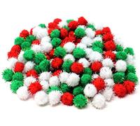 Christmas Pom Poms - 150 Tinsel Glitter Pom Poms Red Silver Green | 20mm Mini Craft Pompoms for Festive Arts & Crafts