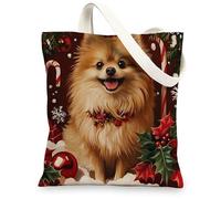 Christmas Pomeranian Dog Canvas Tote Bag for Shopping 13x15, Xmas Candy Poinsettia Puppy Reusable Grocery Print Bag for Women Men, Holiday Pet Aesthetic Painting Gift Decor
