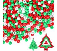 Christmas Pony Beads, 300Pcs Mix Red Green White Seed Beads with Elastic Thread, Acrylic Xmas Stocking Fillers Threading Barrel for Making DIY Craft Bracelet Necklace Ornament (6x8mm, 4mm Hole)