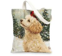 Christmas Poodle Dog Canvas Tote Bag for Shopping 13 * 15, Xmas Cardinal Snowy Reusable Grocery Bag for Women, Pet Travel Pattern Gift Decoration