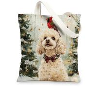 Christmas Poodle Dog Canvas Tote Bag for Shopping 13 * 15, Xmas Cardinal Snowy Reusable Grocery Bag for Women, Pet Travel Painting Gift Decoration