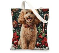 Christmas Poodle Dog Canvas Tote Bag for Shopping 13x15, Xmas Candy Poinsettia Puppy Reusable Grocery Print Bag for Women Men, Holiday Pet Aesthetic Painting Gift Decor