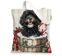 Christmas Portuguese Water Dog Canvas Tote Bag for Shopping 13 * 15, Cute Xmas Wood Reusable Grocery Bag for Women, Pet Work Travel Pattern Gift Decor