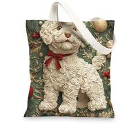 Christmas Portuguese Water Dog Canvas Tote Bag for Shopping 13 * 15, Fun Xmas Luxury Reusable Grocery Shoulder Cloth Bag for Women, Pet Painting Gift Decor