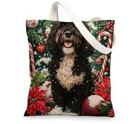 Christmas Portuguese Water Dog Canvas Tote Bag for Shopping 13x15, Xmas Candy Poinsettia Puppy Reusable Grocery Print Bag for Women Men, Holiday Pet Aesthetic Painting Gift Decor