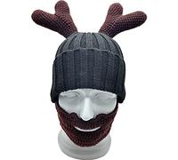 Christmas Prank Antler Beard Beanie Hat for Strange Knitted Hat Handmade Woolen Hat for Halloween Funny Party Black