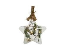 Christmas Pre-lit Star Shape Glass Bauble with snowy Pine decor and Jute Rope (Battery power Warm White LED)
