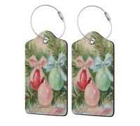 Christmas Preppy Green Red Ornaments Evergreen Luggage Tag for Suitcase 2 Pack Leather Luggage Tag with Privacy Flap Name Id Label and Metal Loop for Women Men Travel