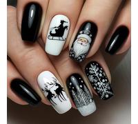 Christmas Press-On False Nails, Short Square, Black and White, 24-Piece | Glossy finish, assorted sizes, sleigh, reindeer, snowflake and fir artwork, for home manicures and seasonal parties