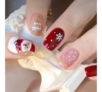 Christmas Press-On False Nails, Short Square, Red and Nude, Glossy Designs | White, gold, black and pink-purple details, snowflake, tree and striped sweet motifs, at-home manicures and winter gatherings