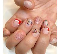 Christmas Press on Nails,24PCS French Tips Fake Nails with Christmas hat elements,Glossy French Tips Acrylic Nail Christmas Tree Winter Xmas Nail for Women Manicure