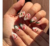 Christmas Press on Nails,24PCS Medium Almond French Tips Fake Nails with Xmas Hat Holly Snowflake Designs,White Green French Tip False Nails Press ons Acrylic for Women Winter Manicure