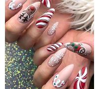 Christmas Press on Nails Almond - Fake Nails with Cute Deer Gingerbread Man Snowflake Stripe Design - Medium Length False Nails with Glue - Reusable Elegant Stick on Nails for Women Girls