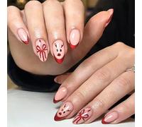 Christmas Press on Nails Almond - Fake Nails with Cute Deer & Ribbon Design - 24Pcs Medium Length False Nails with Glue - Glossy Acrylic Stick on Nails for Women Girls