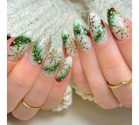 Christmas Press On Nails Almond - SXVME Milky White Press On Nails Medium, Acrylic Fake Nails with Cute Gold Stars Leaf Design, Glossy Reusable Soft Gel False Nails Kit for Women Holiday