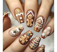 Christmas Press on Nails, Holiday Fake Nails with Gingerbread Man Snowflake Snowhouse Designs, Winter Christmas Acrylic Stick on Nails for Women