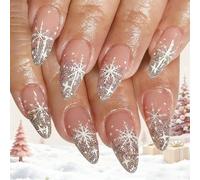 Christmas Press On Nails - Medium Almond False Nails - Nude Fake Nails with Silver Glitter Gradient & Snowflake Designs - Full Cover Acrylic Nails with Glue - Xmas Stick On Nails for Women