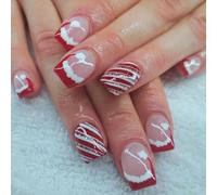 Christmas Press on Nails,Medium Xmas Square False Nails with Cute Christmas Hat Design,Unique Glitter Fake Nails,24PCS Festival French False Nails for Women or Girls