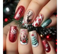 Christmas Press On Nails - Middle Square False Nails - Cute Winter Nail Arts With Reindeer & Snow - 24pcs Red & Green Xmas Stick On Nails With Jelly Glue