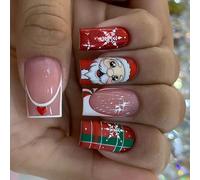 Christmas Press On Nails Middle Square False With Snowflakes Designs Full Covers Glossy Stick On 24Pcs Stick On Nails