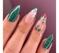 Christmas Press on Nails Oval - 24Pcs Medium Almond French Tips False Nails with Glue - Green Glitter Fake Nails with Holly Snowflake - Glossy Acrylic Full Cover Stick on Nail for Women Girls Nail Art