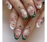 Christmas Press on Nails - Oval False Nails French Tip - Green White Red Fake nails with Glue - Medium Stick on Nails for Women - Christmas Tree Santa Hat Berries Snowflake Candy Cane Glue on nails