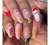 Christmas Press on Nails Set, 24Pcs Short Almond False Nails with Glue, False Nails with Snowflake Santa Tree Gingerbread Design, Full Cover Stick on Nails for Christmas Festival Nail Art Manicure