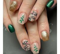 Christmas Press On Nails Set of 24 Christmas Tree for Glitter Christmas | Set of 24 Christmas tree patterns, yellow-green for glitter, nude base, festive design