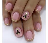 Christmas Press on Nails Short - 24Pcs Square Gold French Tips False Nails with Glue - Coffin Glitter Fake Nails with 3D Christmas Tree Design - Acrylic Glossy Stick on Nails for Women Girls Nail Art
