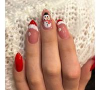 Christmas Press On Nails,Short Almond Christmas Fake Nails With Glue,24pcs Christmas Red Cute Snowmen & Snowflake Design Stick OnNails,Red NailsFrench Tip Xmas Stick On Nail For Women