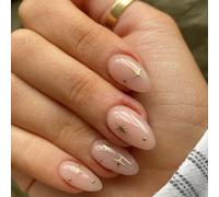 Christmas Press On Nails Short Almond - SXVME Nude Press On Nails Stiletto, Acrylic Fake Nails with Gold Stars Design, Glossy Soft Gel Winter False Nail Stick on Nails Kit for Women, 24 Pcs