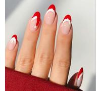 Christmas Press on Nails Short,Christmas Nails with Christmas Hat Design,Christmas French Tip False Nails Short French Almond False Stick on Nail,Christmas Decoration Festival Holiday Nail Art