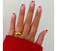 Christmas Press on Nails Short Square Fake Nails Red French Tip False Nails with Santa Hat Designs Full Cover Pink Glossy Glue on Nail Reusable Xmas Acrylic Nail for Women Girls 24Pcs