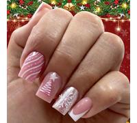 Christmas Press on Nails Short Square Fake Nails with Candy Cane Line Snowflake Star White French Tip Glitter Designs Full Cover Press ons False Nails for Women 24 Pcs WYFHDT