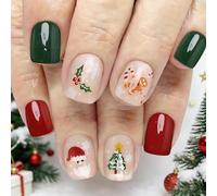 Christmas Press On Nails Short Square False Nails, 24PCS Christmas Stick On Nails - Red Green Snowflake Santa Winterberry Gingerbread Man & Candy Cane Design, Glossy Fake Nails Manicure Accessories