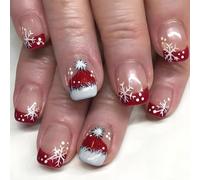 Christmas Press On Nails - Short Square False Nails With Glue - 24pcs Cute Santa Hat & Snowflake Design Stick On Nails - Red French Tips With Glitter For Xmas