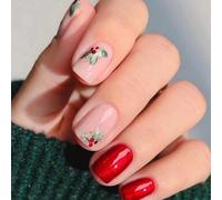 Christmas Press On Nails, Short Square False Nails with Red Flower Designs, 24PCS Red & Nude Stick On Nails Manicure Kits for Christmas Nail DIY, Reusable Fake Nails for Festive Looks