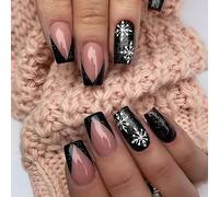 Christmas Press on Nails Square False Nails, 24 PCS Black snowflakes Xmas Fake Nail Designs, 2026 Acrylic Full Cover Stick on Nails with Glue for Women Christmas Festival Nail Art Manicure