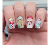 Christmas Press on Nails Square,Fresh Xmas False Nails with Santa Claus Design,Cute Cartoon Medium Length Chrismas Fake Nails, Unique Festival French Manicure for Women or Girls