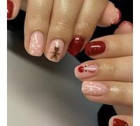 Christmas Press on Nails Square Short - 24Pcs Glitter Red Coffin False Nail with Glue - Xmas Fake Nail with Cute Elk Snowflake Gingerbread Man Design - Acrylic Glossy Stick On Nail for Women Nails Art