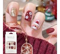Christmas Press on Nails With Glue - Red, Gold Glitter Snowflake Snowman, French Stick on Nail Art Decoration Accessories for Women (24PCS)